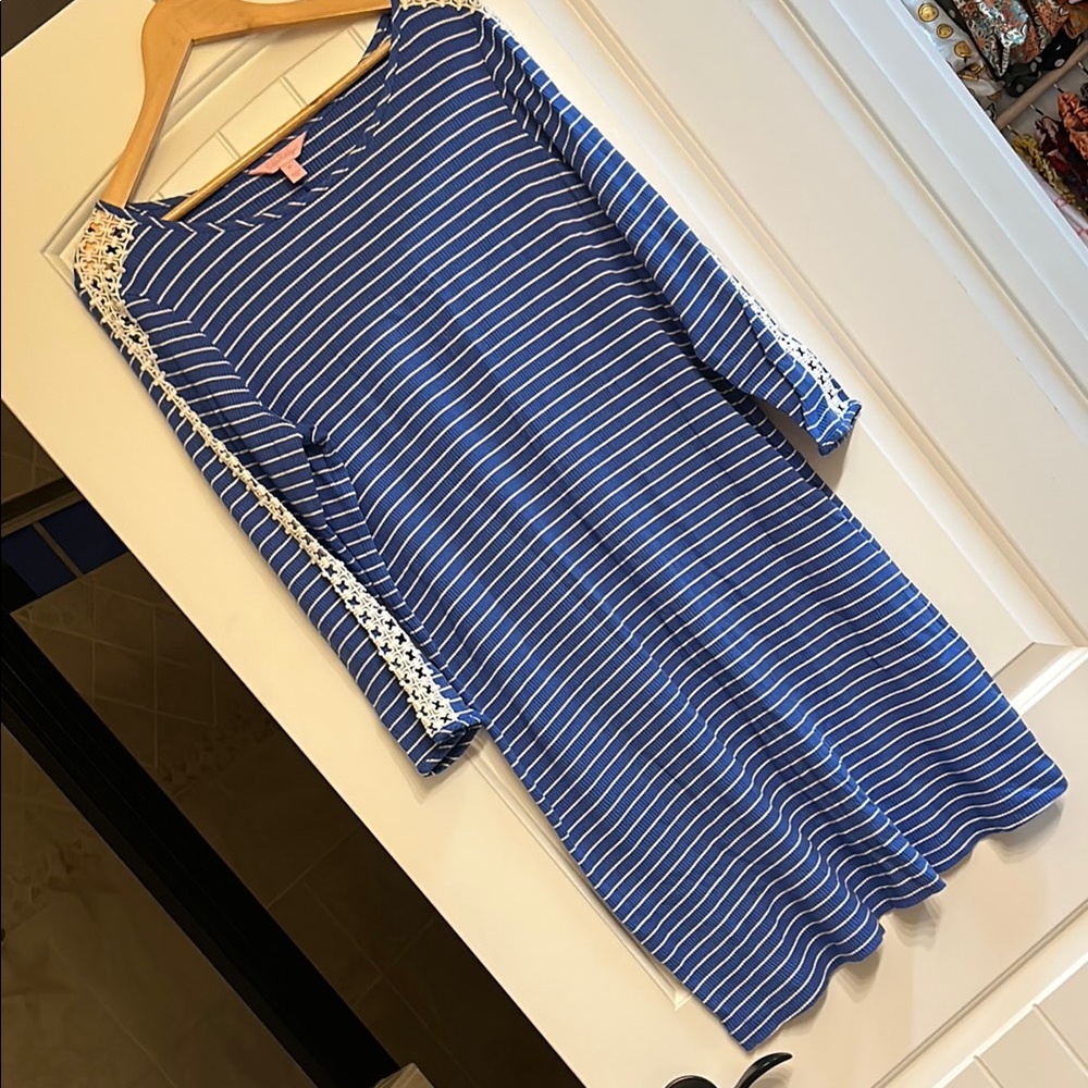 Lilly Pulitzer Blue & White Striped Midi Dress with Lace Trim